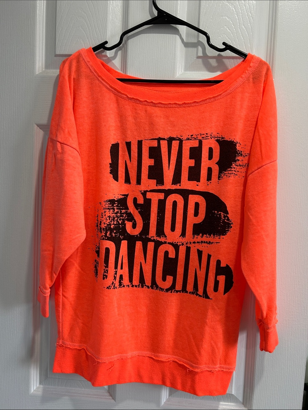 Vintage Zumba Fitness Neon Orange Off-the-Shoulder Sweater with Black Print